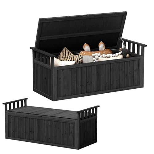 GOPLUS 209 L Coffre de Jardin Exterieur en Bois de Sapin, Coffre de Rangement Exterieur avec Accoudoirs, Couvercle Rabattable et Rangement Caché, Charge 100 KG, pour Jardin, Terrasse, 128 x 58 x 53 CM