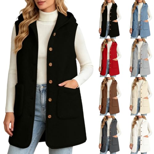 Fleece Vest Women, Sherpa Fuzzy Jackets Sleeveless Hooded Button Down