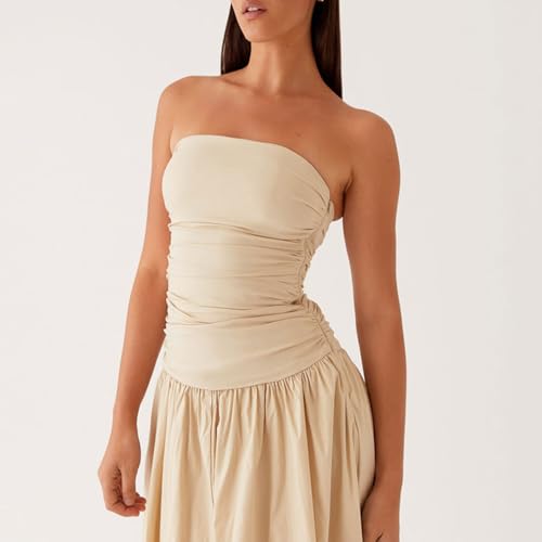Image of Women Tube Top Maxi Dress 2025 Elegant Sleeveless Strapless Ruched Flowy Summer Long Wedding Party Cocktail Dresses