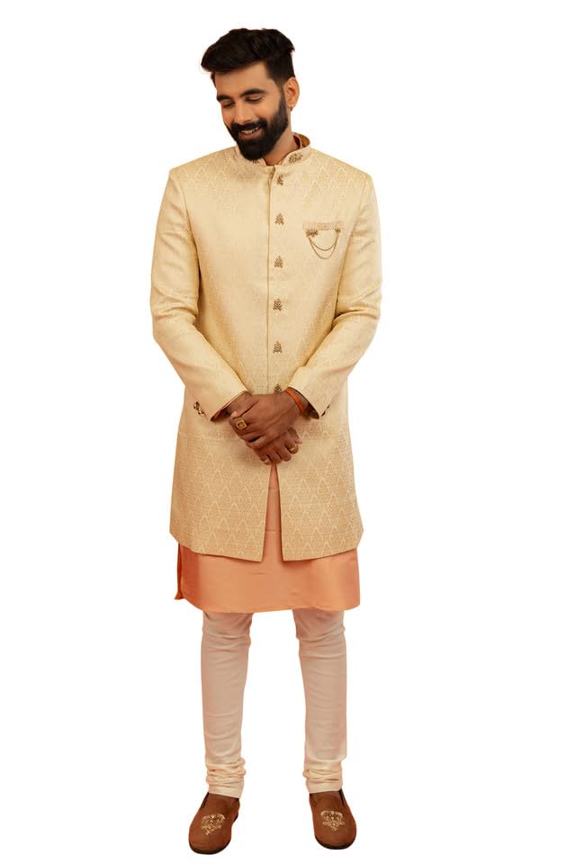 kisah Men's Indo Western Sherwani Kurta Churidar Set Silk Blend Jacquard Full Sleaves, Knee Length, Cream-picture-23