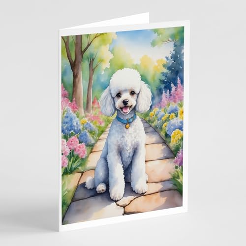 Caroline's Treasures White Poodle Spring Path Greeting Cards Pack of 8 Blank Cards with Envelopes Whimsical A7 Size 5x7 Blank Note Cards