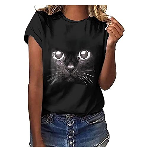 Harajuku Style Y2K T Shirt, Womens Cat Face Graphic Tops Loose Crewneck Short Sleeve Shirt Cute Cartoon Tunic For Teen Girls #TOP10