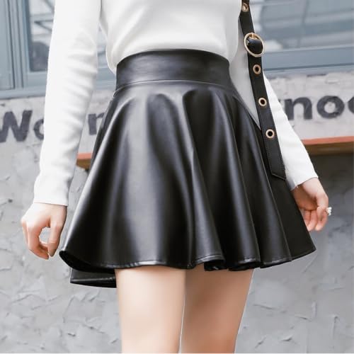 Mini jupe faux cuir doux patineur à taille élastique noire coupe évasée en A
