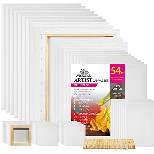 Phoenix 54 Pack Stretched Canvas And Canvas Panels Multi Sizes Canvases For Painting - 3X3, 6X6, 9X12, 12X16,11X14 Inch, 8 Oz Triple Primed White Blank Cotton Canvas Boards For Acrylic, Oil Paints #TOP13