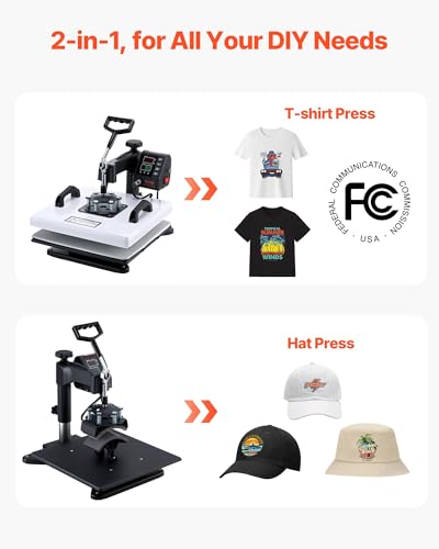 Image of VEVOR Heat Press Machine, 15 x 15 in, 2-in-1 Multifunction, 360 Swing Away, 1200W Double Tube Fast and Even Heating, Digital Precise Control, Sublimation Press Machine for T-Shirts, Hats, Caps