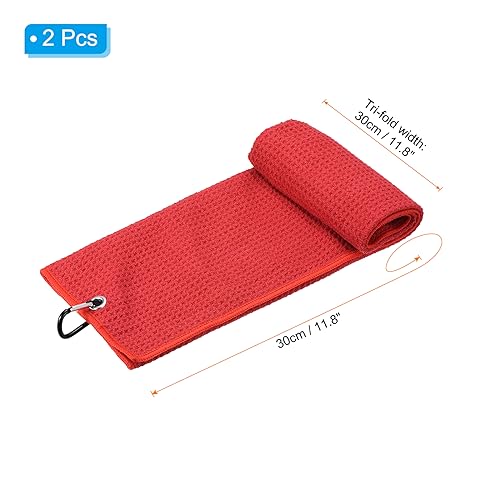 PATIKIL 12"x12" Tri-Fold Golf Towels, 2 Pack Waffle Pattern Towels Soft Fiber Strong Water Absorption with D Clip for Golf Lovers Red - Image 2