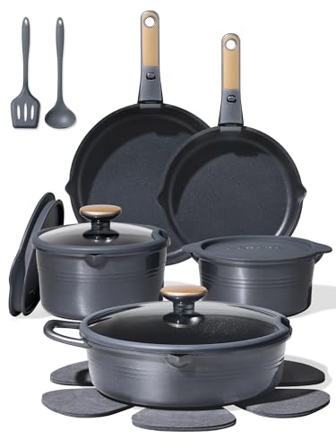 CAROTE 17-teiliges Titan-Topf- und Pfannenset, Kochgeschirr-Set, antihaftbeschichtet, Küchen-Kochset mit abnehmbarem Griff, Wohnmobil-/Camping-Kochgeschirr, spülmaschinen-/ofenfest, Grau