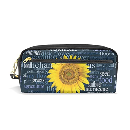Astuccio con testa di girasole su nuvola di parole piena di termini botanici astuccio per matite penne pennarelli articoli di cancelleria per scuola e ufficio pelle sintetica giallo blu