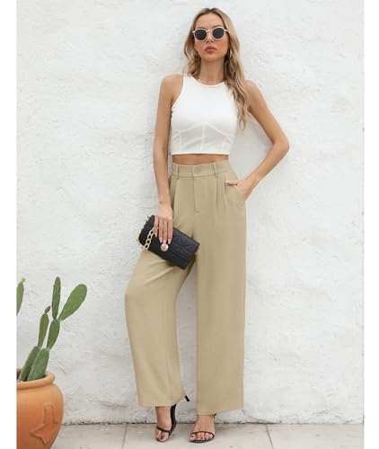 CZYINXIAN Women's Casual High Waisted Pants Wide Leg Pants for Women Dressy(Light Apricot,Large) — view 3