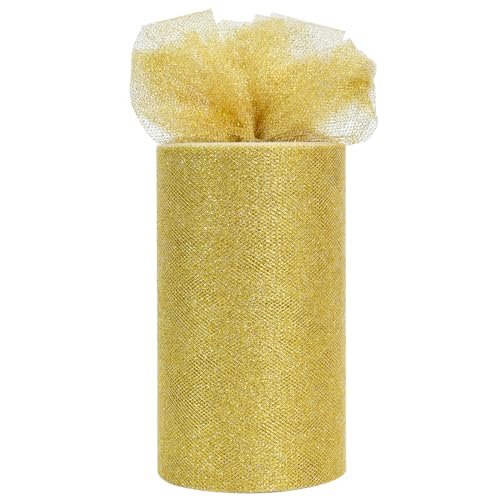 TONIFUL Gold Glitter Tulle Roll 6 Inch x 50 Yard Tulle Ribbon for Tutu Skirt, Wedding Christmas Baby Shower Valentine's Decorations and DIY Crafts