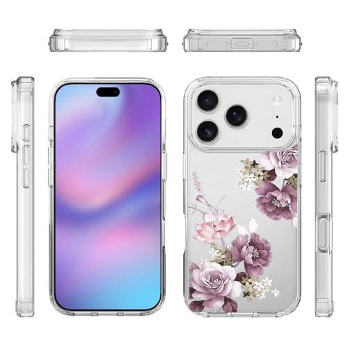 Image of Elzzi Transparent Flower Cover for iPhone 17 Pro Case Shockproof Floral Design Full Camera Protection Shockproof PC+TPU Covers for Girls & Women (Deep)