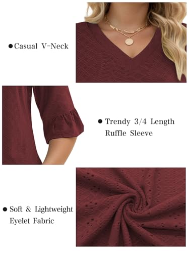 VISLILY Womens-Plus-Size-V-Neck-Tops Dressy 3/4 Length Ruffle Sleeve T Shirts Trendy Eyelet Blouses Casual Loose Tunics 1X-5X4