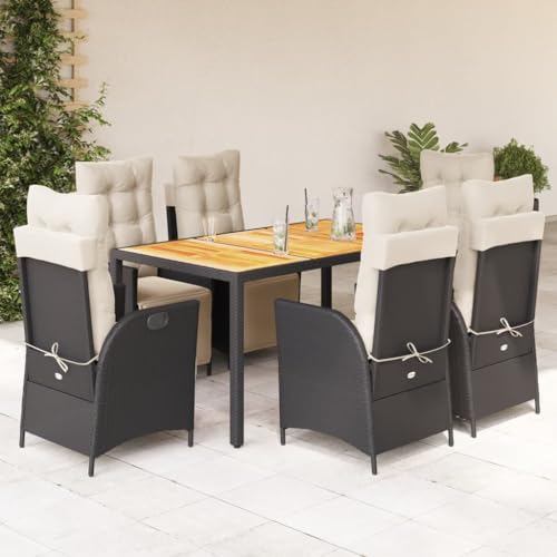 KCCKOM Garden Furniture Set 7 Piece Patio Dining Set with Cushions Black Poly Rattan