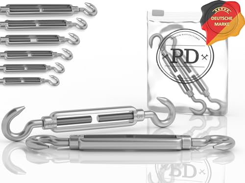 PD® Spannschloss M6 Edelstahl A4 (Haken-Haken) | Seilspanner Sonnensegel ROSTFREI | Spannhaken mit Spannschraube | Drahtspanner für Segel Befestigung, Wäscheleine & mehr | Drahtseil Spanner | 4 Stück