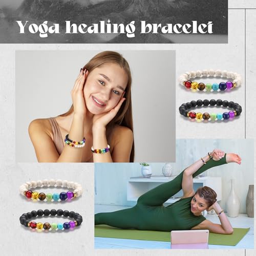 24 Pcs Chakra Bracelets for Women Volcanic Rock 7 Chakras Crystals and Healing Stones Bracelets 8mm Natural Stone Yoga Beaded Wristlet for Women Men Essential Oil Diffuser4