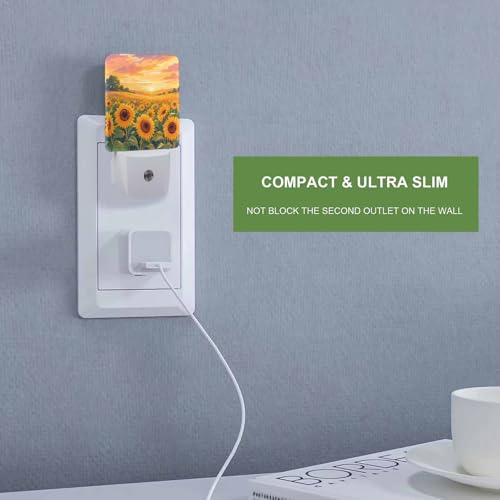 Image of LED Night Light,Beautiful Sunset Yellow Sunflower Fields LED Night Light Plug into Wall with Dusk to Dawn Light Sensor White Energy Efficient Nightlight for Bedroom Hallway Living Room Kitchen