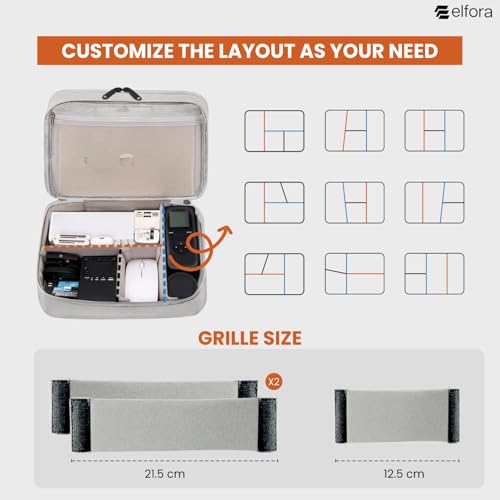 Image of Elfora Double Layer Gadget Organizer Bag | Travel Case for Cables, Charger, Power Bank, Hard Disk & Electronics Accessories | Portable Tech Storage Pouch with Mesh Pockets & Handle Carry Strap (Grey)