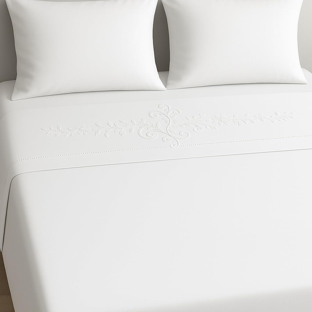 Corredocasa - Completo Lenzuola Matrimoniale Ricamato in Misto Lino Bianco – Set 4 Pezzi con Lenzuolo Sopra 240x280 cm, Sotto con Angoli 180x200+25 cm e 2 Federe – Biancheria da Letto Elegante
