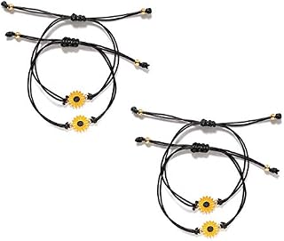 DBAILY Friendship Sunflower Bracelets, 4pcs Distance Matching Handmade Cord Relationship Pinky Promise Bracelets Adjustable Set for Women Girl Best Friend Couples