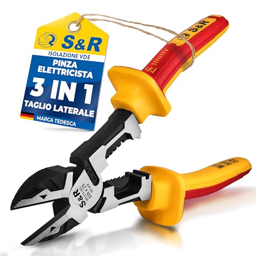 S&R Pinza Elettricista Diagonale Isolata 220 mm VDE 1000V – Pinza Taglio Laterale Combinata 3 in 1 con Spelatura e Crimpatura – Tronchesi per Cavi Professionale in Acciaio 60CrV