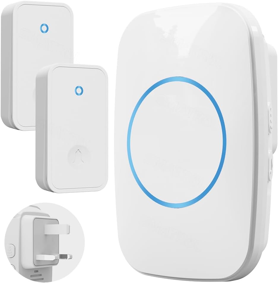 SMATRUL 【No Battery Required】 Wireless Doorbell with 2 Press Self-Powered Transmitter & 1 Plug-in LED Flashing Receivers for Home,Office, 60 Chimes, 5 Level Volumes, Loud Volume (White, UK Plug)
