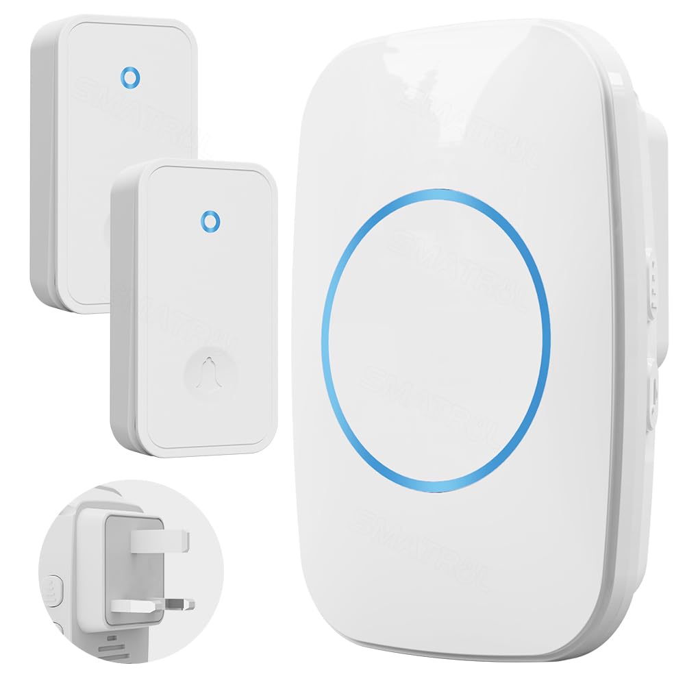 SMATRUL 【No Battery Required】 Wireless Doorbell with 2 Press Self-Powered Transmitter & 1 Plug-in LED Flashing Receivers for Home,Office, 60 Chimes, 5 Level Volumes, Loud Volume (White, UK Plug)