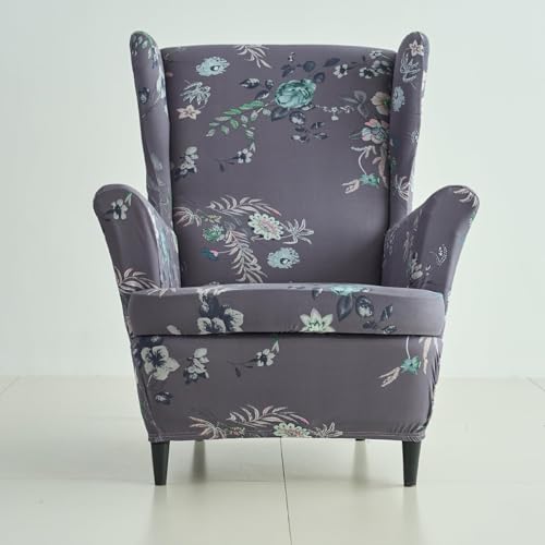 Image of HOKIPO 140 GSM Stretchable Wing Chair Cover, Bentonite Grey Budding Florals (NEW-AR-5135-D1)