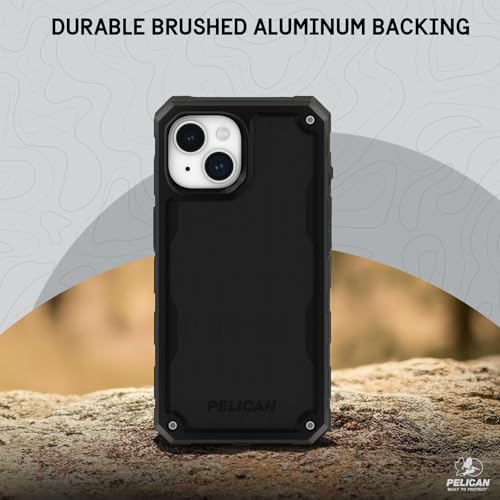 Image of Pelican Shield Brushed Aluminum iPhone 15 Case - MagSafe Phone Case - Black | Magnetic Phone Case with 21ft Military Grade Drop Protection - Phone Cover with Belt Clip Holster Kickstand for iPhone 15