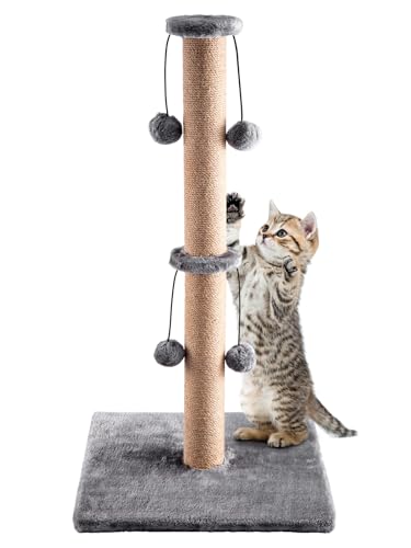 Trintion Cat Scratching Post 74cm Foldable Bottom Tall Cat Claw Scratcher with 4 Toy Ball Natural Sisal Scratch Pole and Soft Carpet Covered Heavy Base Modern Stable Design (Gray 74cm 4Ball)