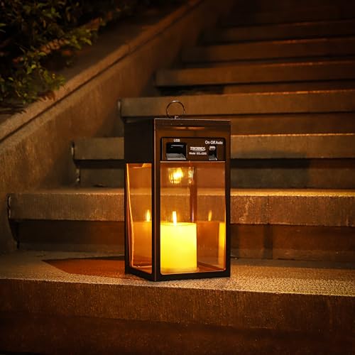 Image of TECHKO Solar Candle Modern Hanging Lantern with Dusk to Dawn Feature - Waterproof LED Flickering Flameless Candle, Decorative Outdoor Garden Lights for Table, Patio, Pathway, Yard