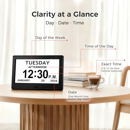 Image of Pastigio 7'' Digital Clock, Dementia Clock with Date and Time, 10 Reminders, 6 Alarms, Auto-Dimming, Auto DST, Remote Control, Large Display Alarm Clock for Seniors, Elderly Must Haves Gifts