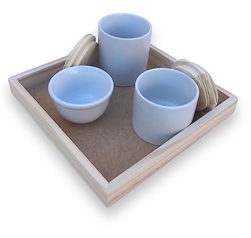 Kit de Higiene para Bebe com potes de porcelana, tampa e bandeja de Madeira Pinus