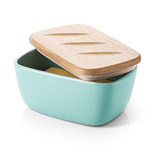 DOWAN Porcelain Butter Dish - Covered Butter Container with Wooden Lid for Countertop