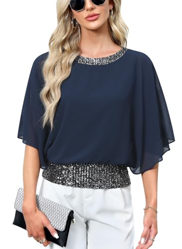 For G and PL Women Dressy Top Blouse Formal Glitter Glittery Sequin Shimmery Wedding Party Evening Cruise Elegant Beaded Navy L