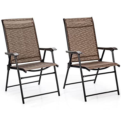 Tangkula Set Of 2 Outdoor Patio Chair Space Saving Stackable Portable Steel Frame Lawn Poolside Backyard Folding Chairs With Armrest & Footrest Commercial Party Home Use Modern Sling Chairs #TOP28