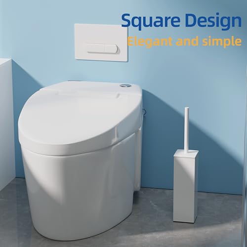 Image of RUACQ Toilet Brush and Holder Set, Square, White, 2 Pack | SUS304 Stainless Steel Handle, Toilet Cleaner Brush with Durable Scrubbing Bristles, Splash-Proof