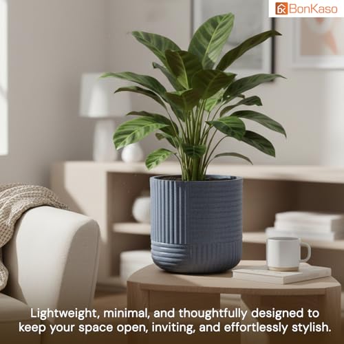 Image of Bonkaso 15 Inch Ribbed Planter Pot for Indoor & Outdoor Use | Round Heavy Duty Polymer Flower Pot | Lightweight Weather Resistant Modern Gamla for Living Room Balcony & Terrace (Dark Grey)