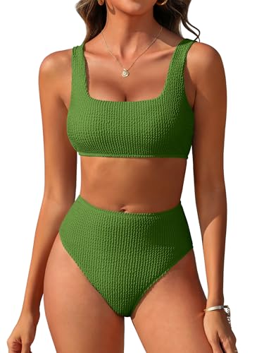 Image of ANRABESS Women' Two Piece Bikini Sets, High Waist Square Neck Swimsuits ,Ribbed Textured Comfy Bathing Suits,Beach Swim Wear