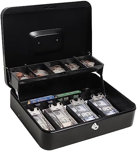 Cash Box with Money Tray and Key Lock, Parrency Large Money Box, 5 Compartments with Cover for Cions & 4 Spring-Loaded Clips for Bills, 11 4/5" x 9 2/5" x 3 1/2",Black