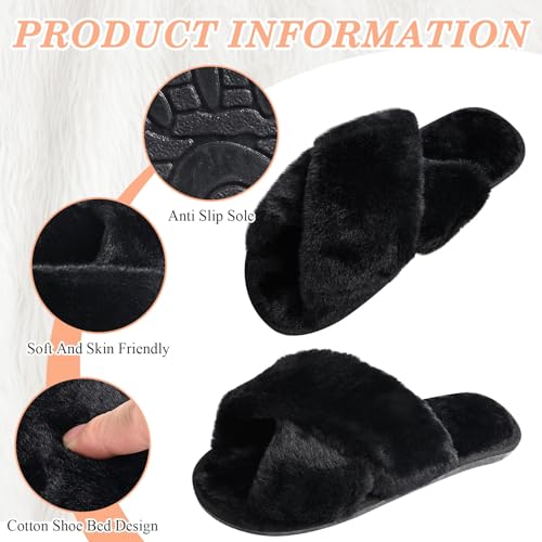 Image of VAIPI 6 Pairs Womens Cross Band Slippers Fuzzy Plush House Bridesmaid Slipper White | Black | Pink Open Toe Fluffy Slipper Soft Warm Bridal Slippers