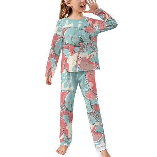 Cute Lobster Cartoon BlueChildren's Pajama Set Round Neck Long Sleeve Top + Pants Two-piece Set160CM