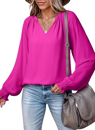 Dokotoo Womens Long Sleeve Tops Fall Shirts for Women 2025 V Neck Shirts Plus Size Women Blouses Business Casual Outfits Boho Hot Pink Tops for Women Trendy Clothes S