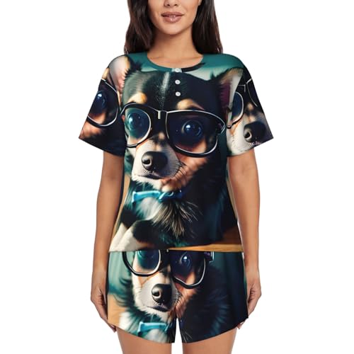 Pyjama court femme chic au motif chihuahua, la tenue de maison élégante et ultra-confortable