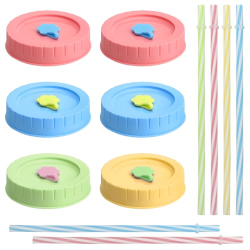 Mason Jar Lot de 6 couvercles en verre avec trou réutilisables à visser pour bocaux Mason, pots à confiture, 6 couleurs, avec 6 pailles