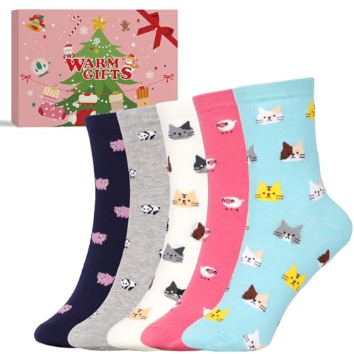 EOAMGO Crew Socks Womens 4-7, Seamless Soft Top Socks for Women, Ladies Socks 4-7 Multipack Cotton, 5 Pairs Over-Ankle Length Colourful Animal Patterns Womens Crew Socks, Birthday Gifts for Women (02)