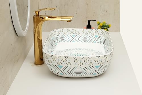 Image of Moroccan Design Ceramic Tabletop Wash Basin | Countertop Vessel Sink | Wash Basin over counter For Bathroom Hotel Home (18x13x5.5 Inch) (TORO 4014) (Moroccan Design 107)