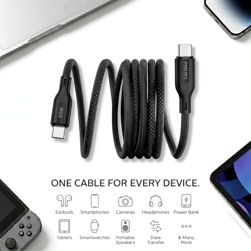 Image of PHILIPS DLC4130CB /94 65W Type-C to Type-C Fast Charging Cable (1m, Dark Slate) | Nylon Braided | Compatible with iPhone 15+ Series, USB-C iPad Models, Samsung Galaxy & All Type C Devices