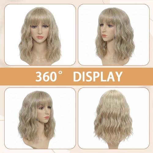 Image of Pastel Dark Blonde Wavy Bob Wig for Women, Short Shoulder Length Synthetic Wig with Bangs, Matte Natural Realistic Look Lightweight Hairpiece, Blonde Color for Daily Wear & Cosplay Costume