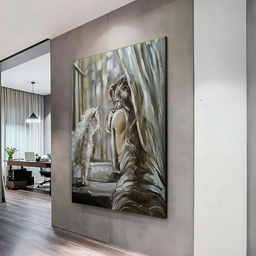 Toile monochrome femme et chat XBTYKPB 50x70 cm sans cadre pour décoration murale figurative