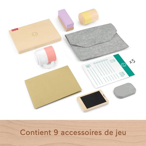 Fisher-Price Coffret Télétravail en Bois de 9 éléments avec ordinateur portable et téléphone en bois pour le jeu d’imitation, pour enfants à partir de 3 ans, HXV11